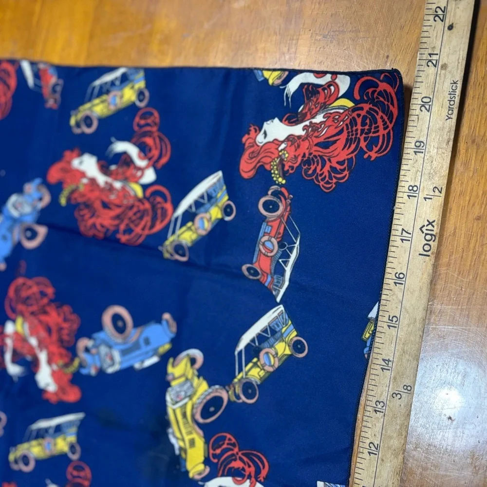 blue silk head scarf antique red and yellow cars and red-haired women